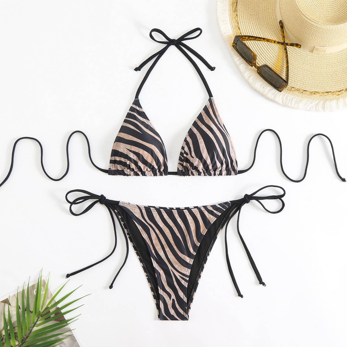 Zebra Print Bikini Set - Halter Tie Swimsuit_Cwmw0911