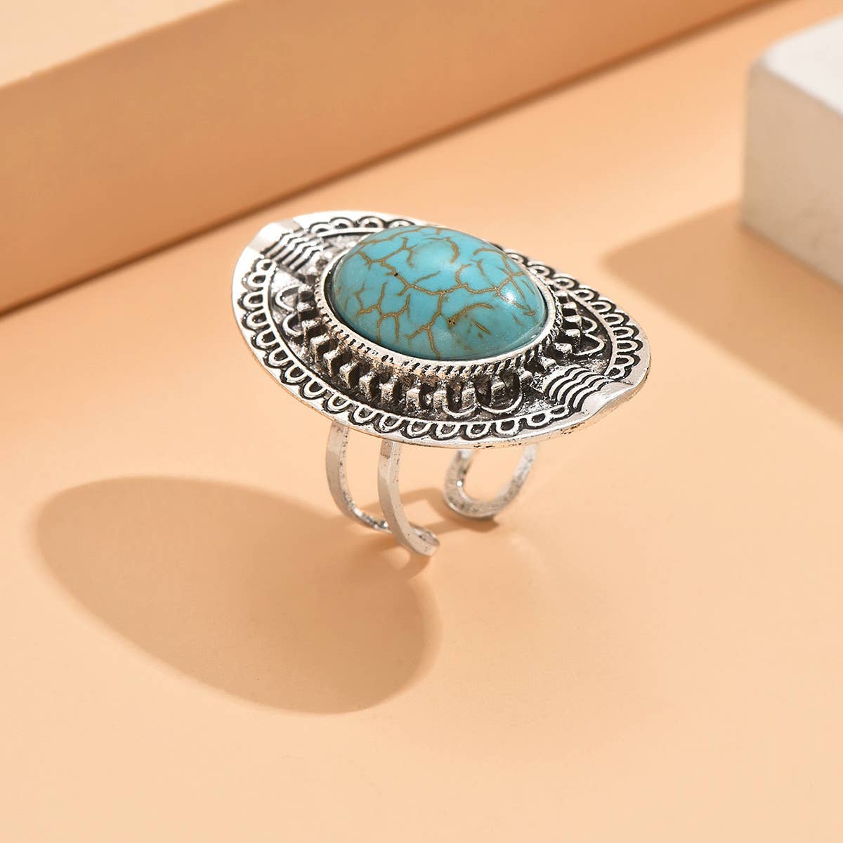 Ethnic Style Turquoise Ring With Carved Open Ring