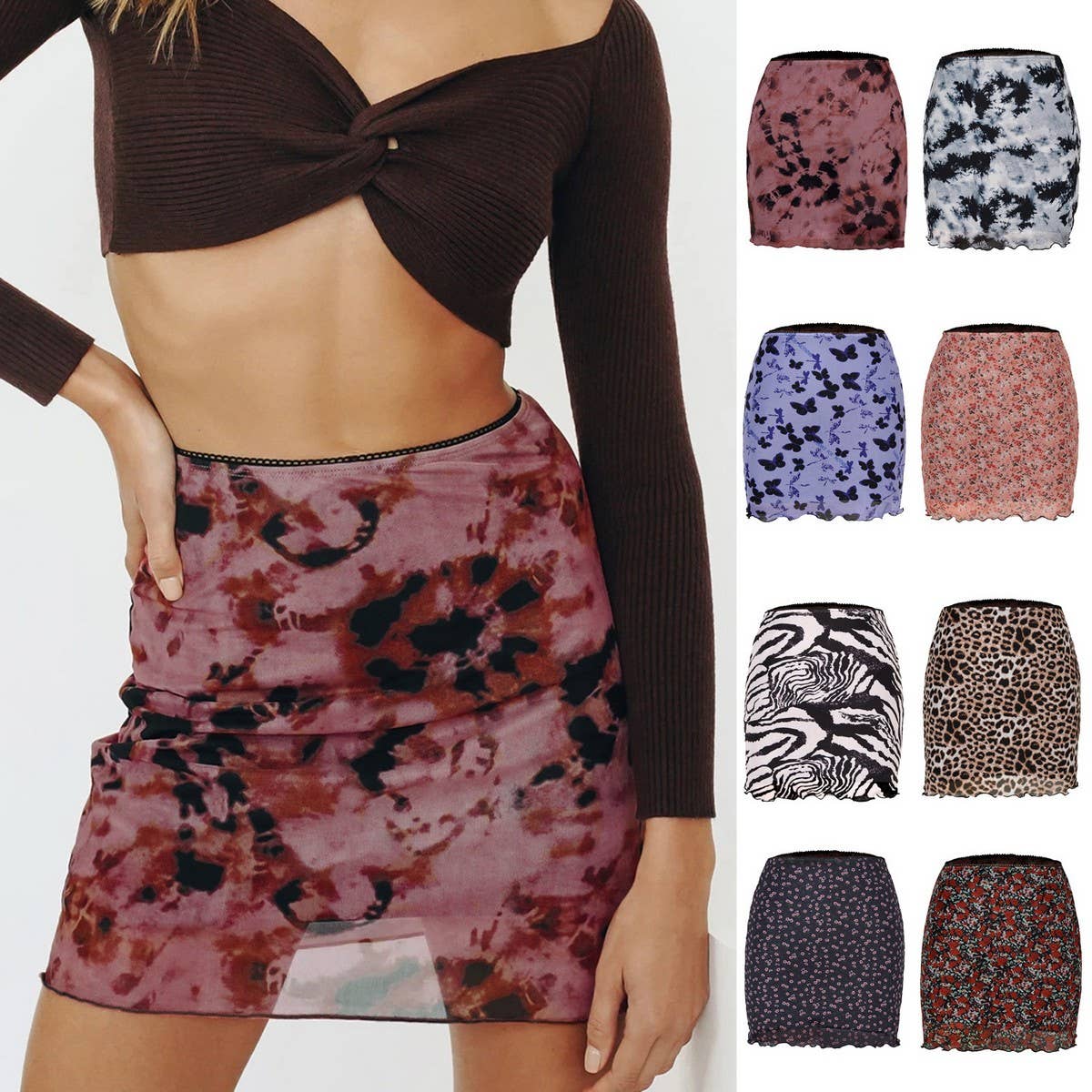 PRINTED MESH SKIRT DOUBLE LAYER SLIM HIP SKIRT_CWAB4794 1