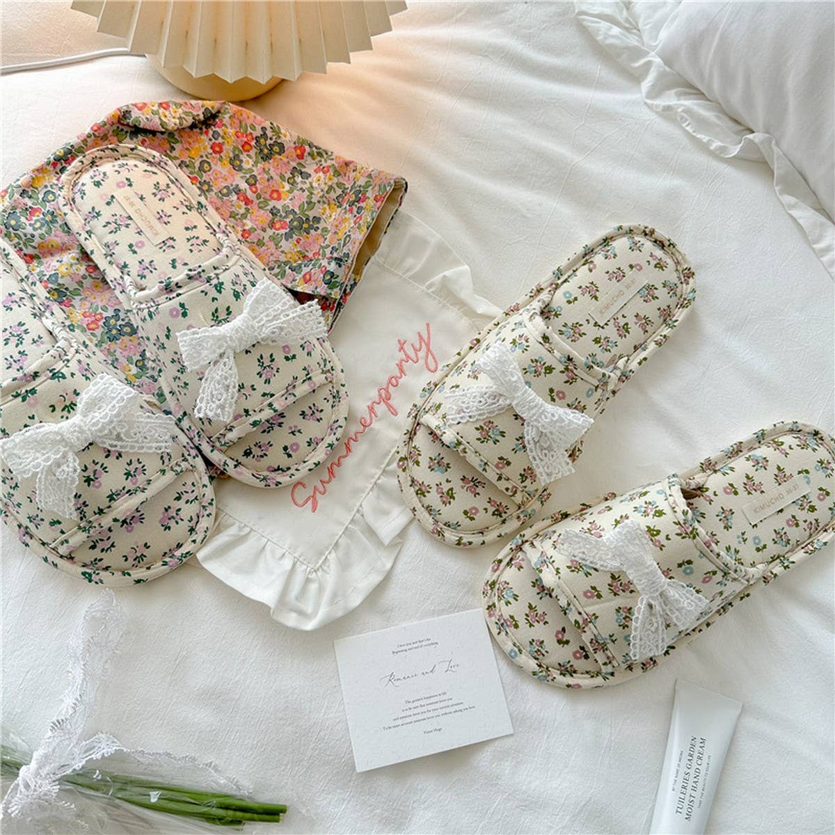 LACE BOW SMALL FLORAL THICK SOLED HOME SLIPPERS_CWMM2983