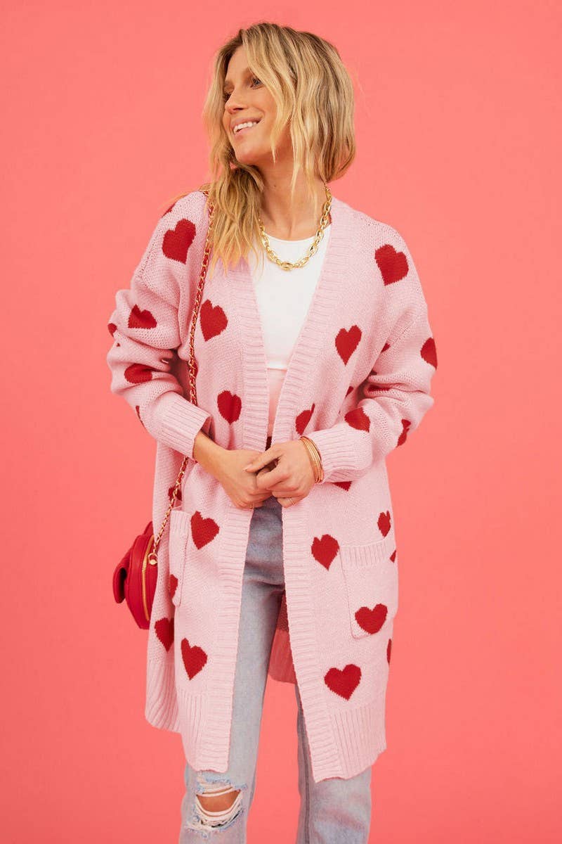 Women Cute Heart Print Open Front Mid Cardigan_Cwocal0487