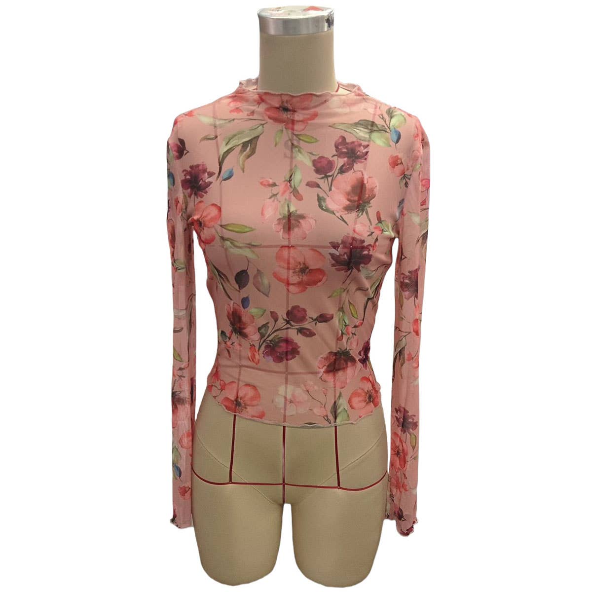 SEMI SHEER FLORAL PRINT MESH LACE SLIM FIT TOP_CWTBLL3429