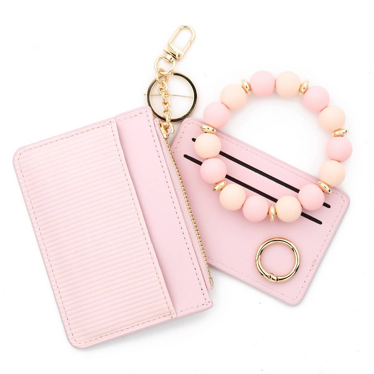 PINK CARD HOLDER WALLET WITH BEADED KEYCHAIN_CWAB4950