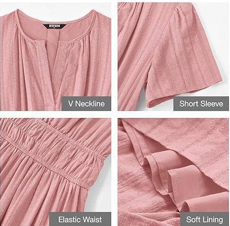 V-Neck Pleated Puffy Sleeve Short Sleeved Dress