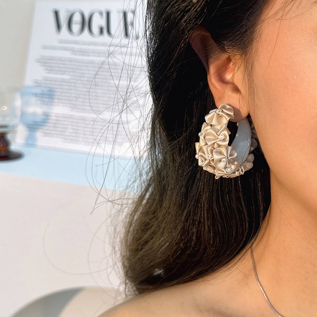 HANDMADE FABRIC FLOWER C HOOP EARRINGS FRESH STYLE_CWMM6280