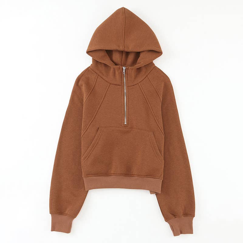 Solid Color Hoodie With Zip-Up Lapel Pullover