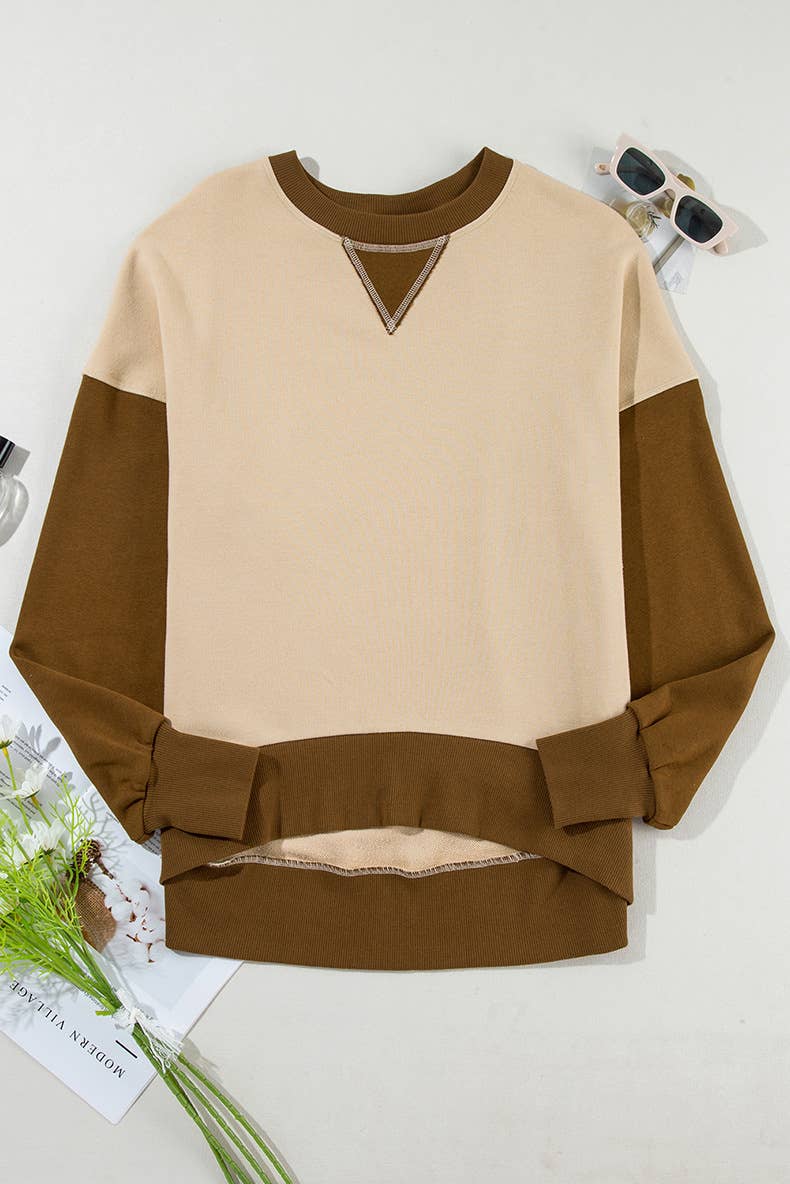 Two-Tone Round-Neck Loose Pullover Hoodie