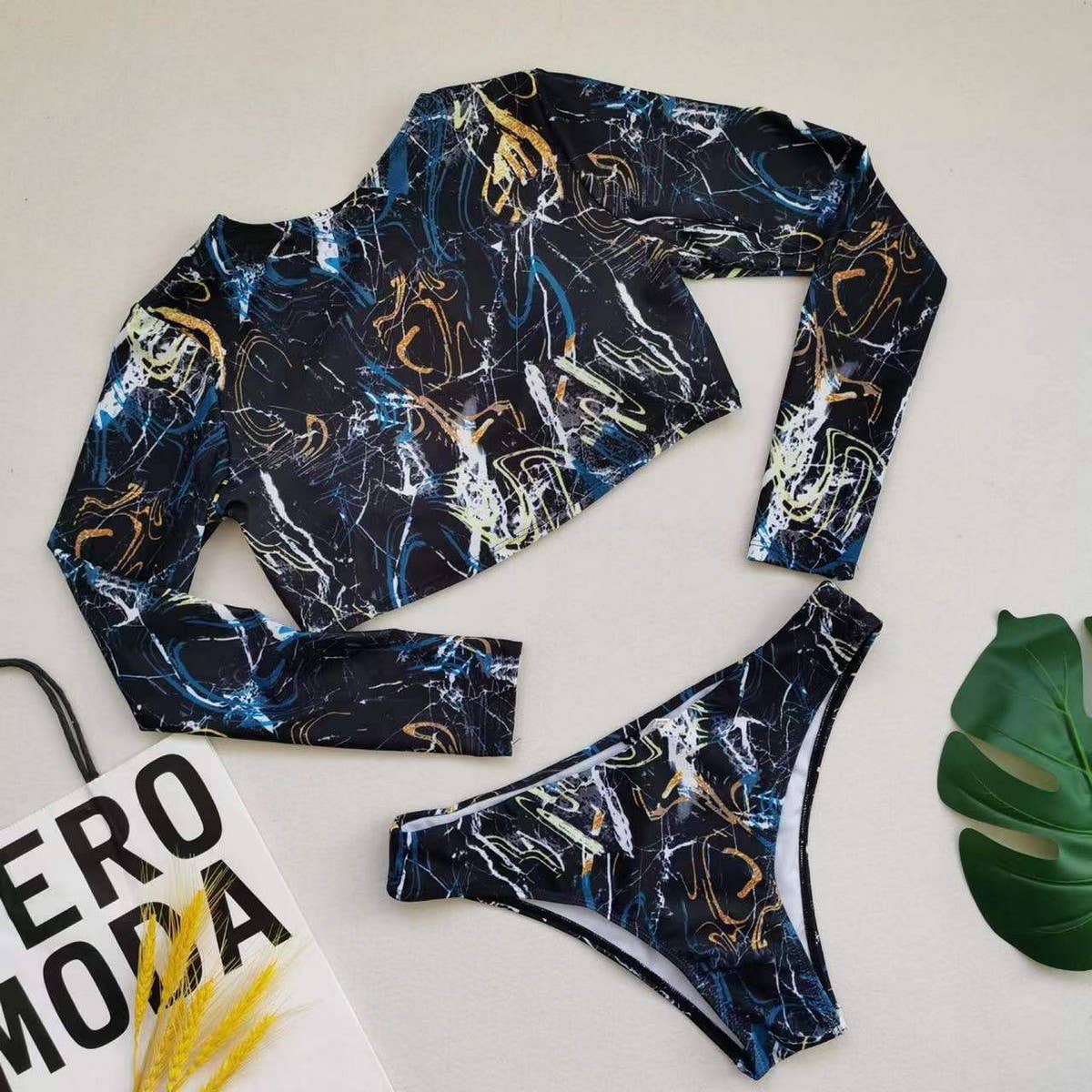 Womens Tie-Dye Bikini Set Long Sleeve Swimsuit_Cwmw0197