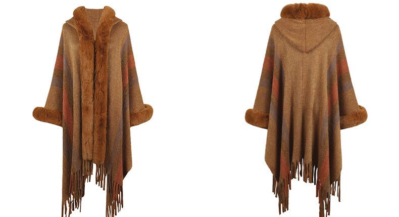 Womens Hooded Cape Striped Knitted Fringe Shawl