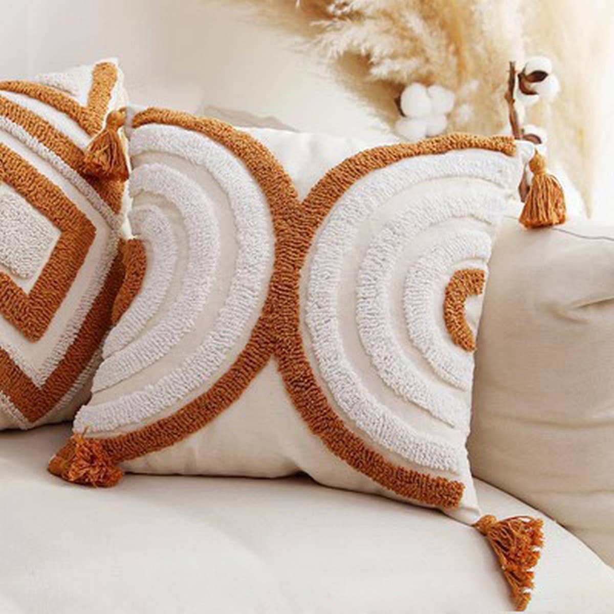 Tufted Tassel Sofa Cushion Boho Style Soft Decor_Cwmm7720