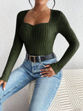 Square Collar Solid Color Pit Strip Slim Knit Top