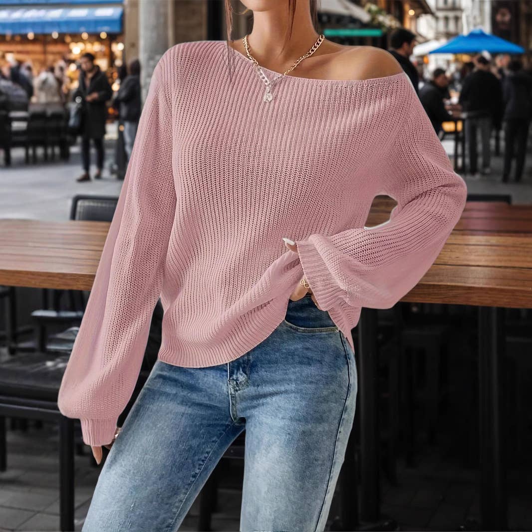 Solid-Color Loose Pullover One-Shoulder Sweater