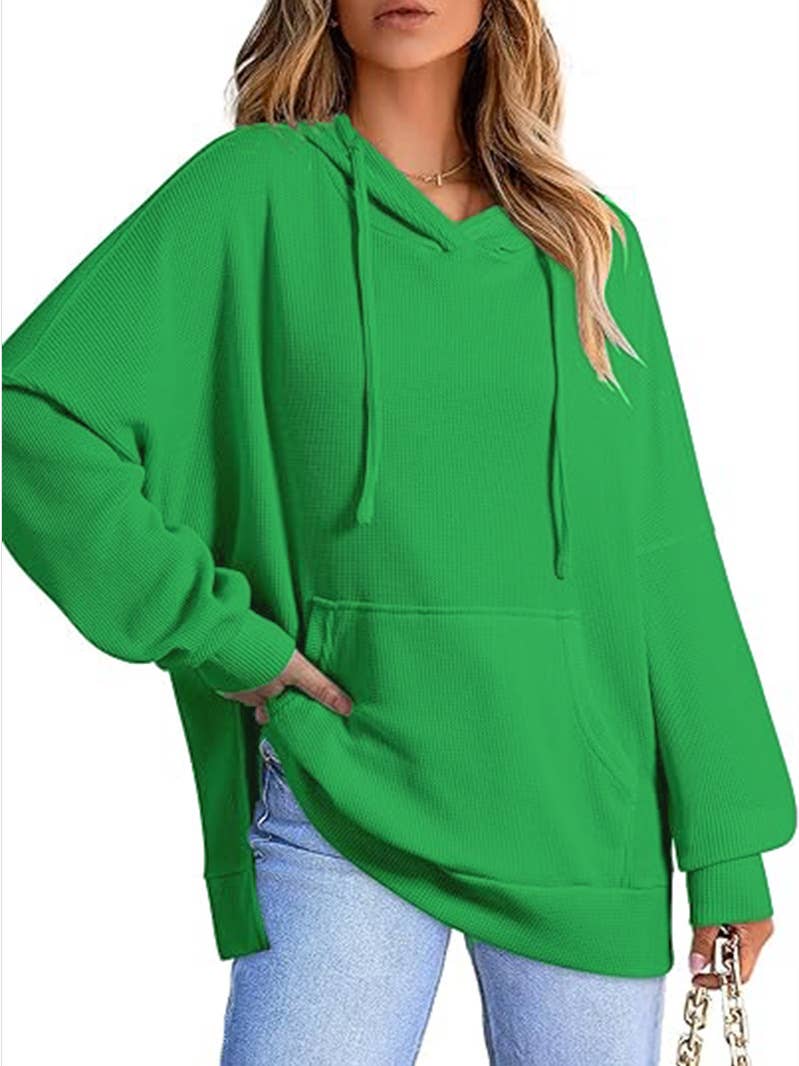 Waffle Knit Side Split Pullover With Pockets