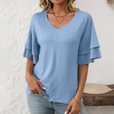 Solid Color V-Neck T-Shirt With Lotus Sleeves