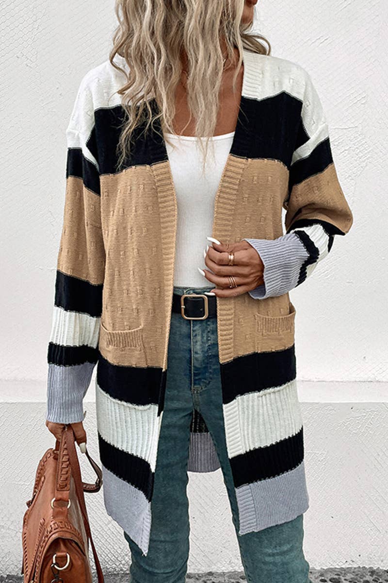 Women Casual Contrasting Color Pockets Cardigan_Cwocal0475