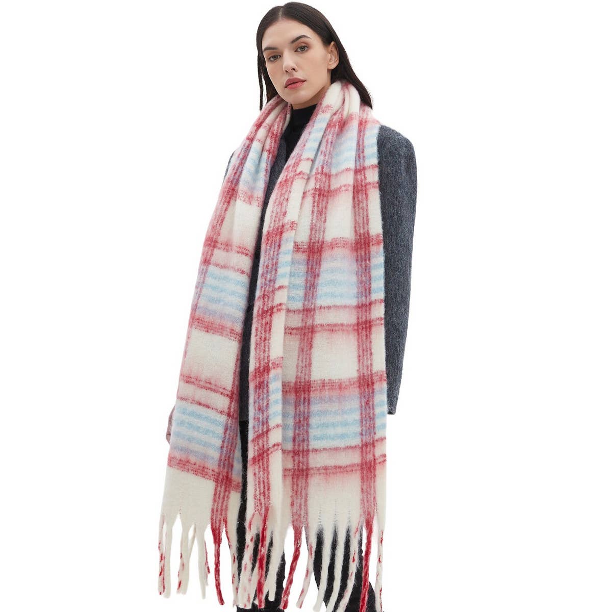 ROUND YARN TASSEL PLAID SCARF SHAWL FALL WINTER_CWASC1278