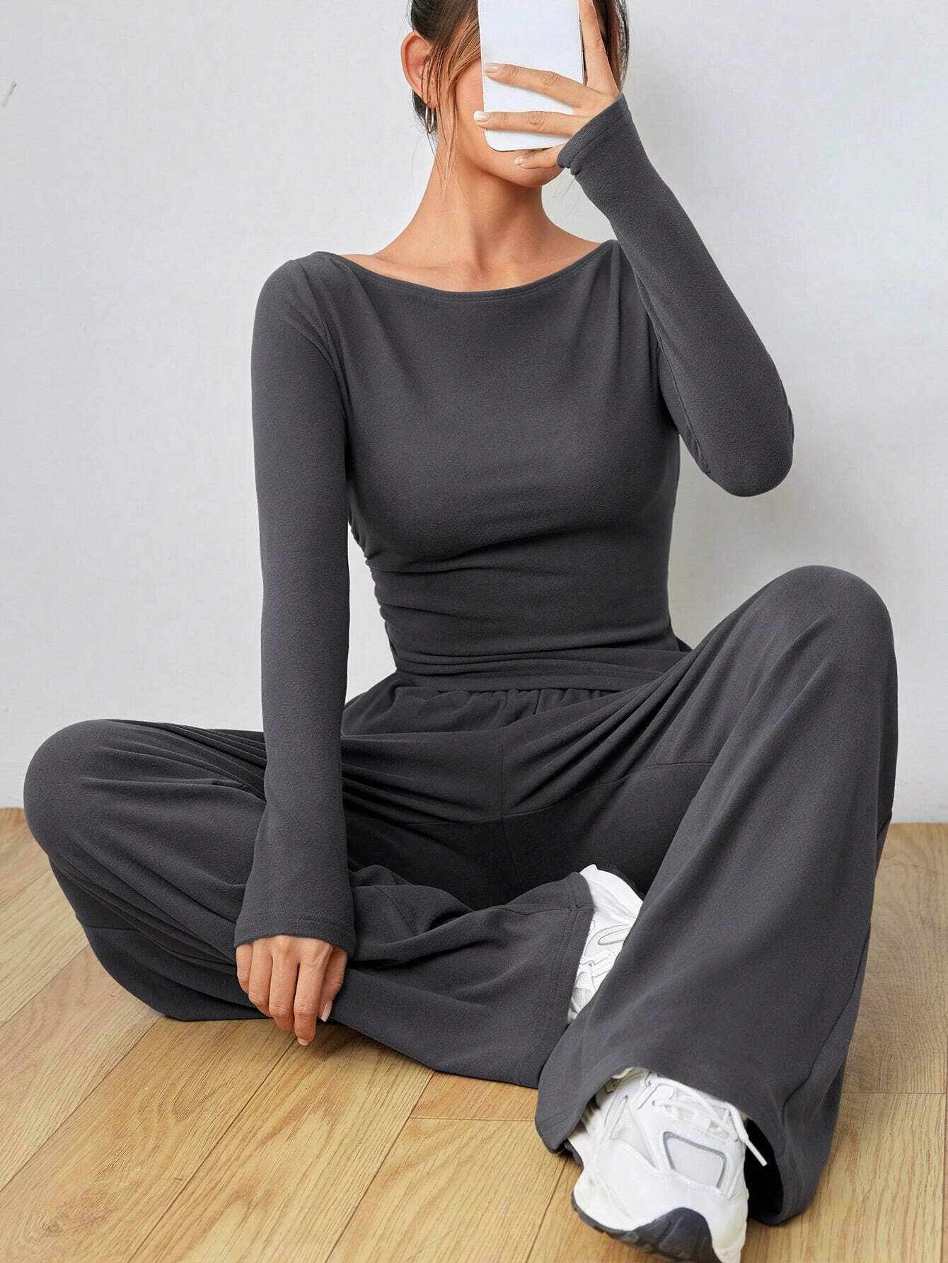 Solid-Color Long-Sleeved Wide-Leg Long Pants Set