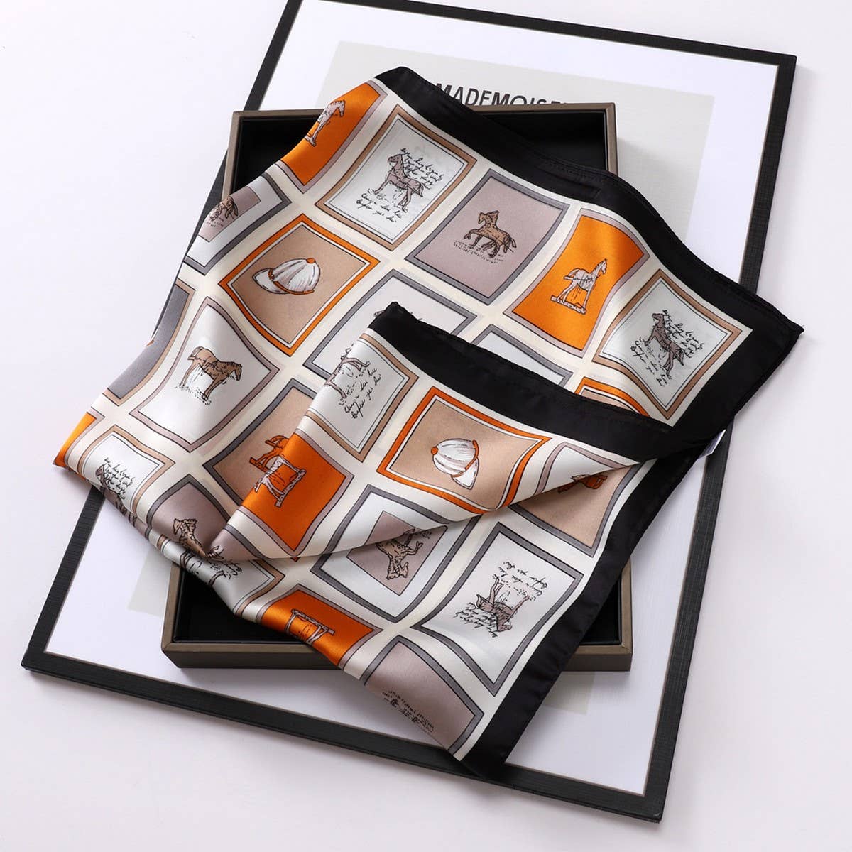 Vintage Letter Print Satin Square Scarf For Women_Cwasc0809