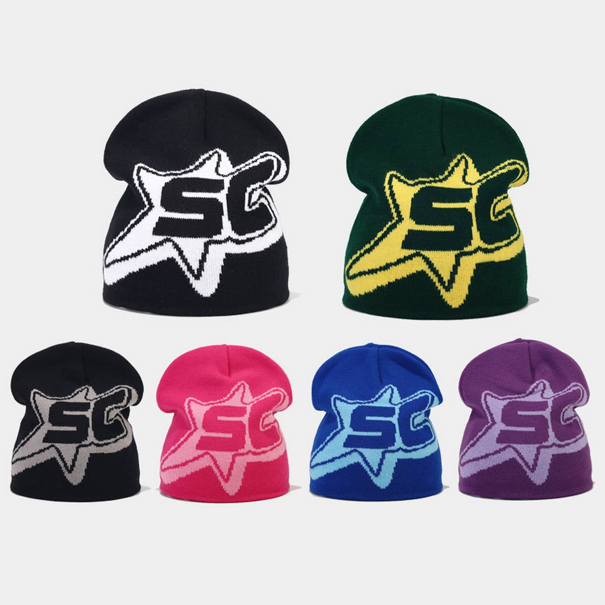 CASUAL LETTER STAR JACQUARD KNITTED HAT_CWAH1589