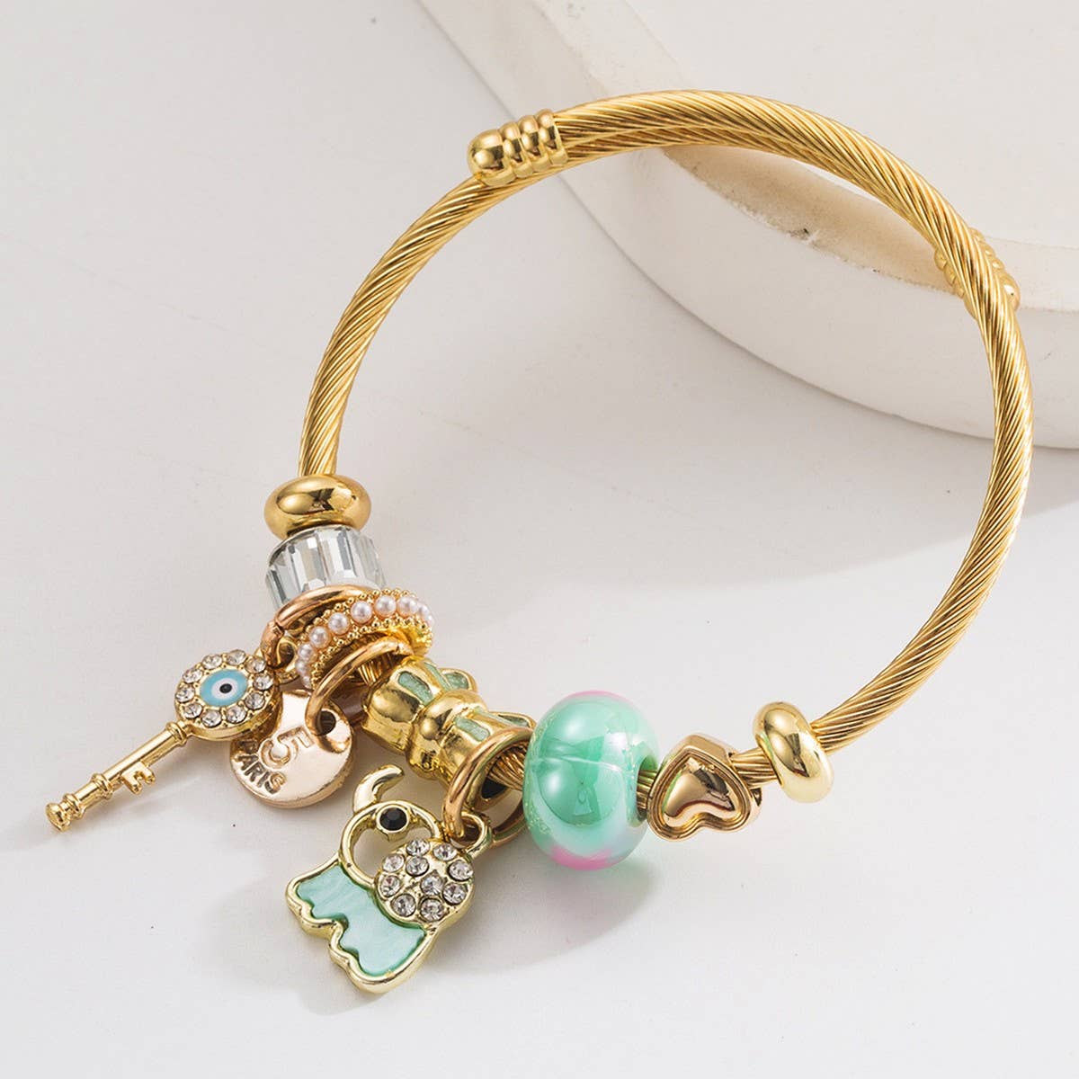 Trendy Elephant Key Letter Beaded Steel Bracelet_Cwmm8567