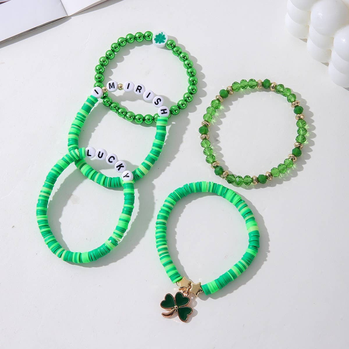 ST PATRICKS DAY GREEN SHAMROCK CHARM BRACELET SET_CWMM3496
