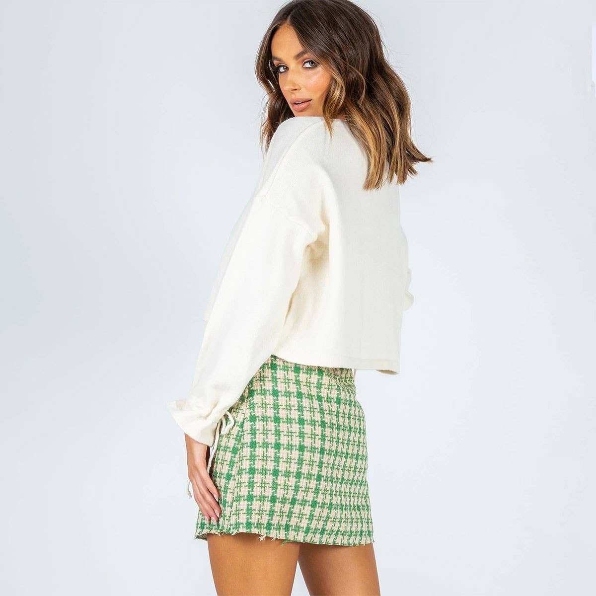 RETRO CHECKERED A LINE SHORT WOOLEN SKIRT_CWBSS0393
