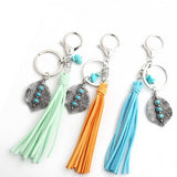 BOHO TASSEL KEYCHAIN WITH LEAF CHARM AND WOOD BEADS_CWAB5087