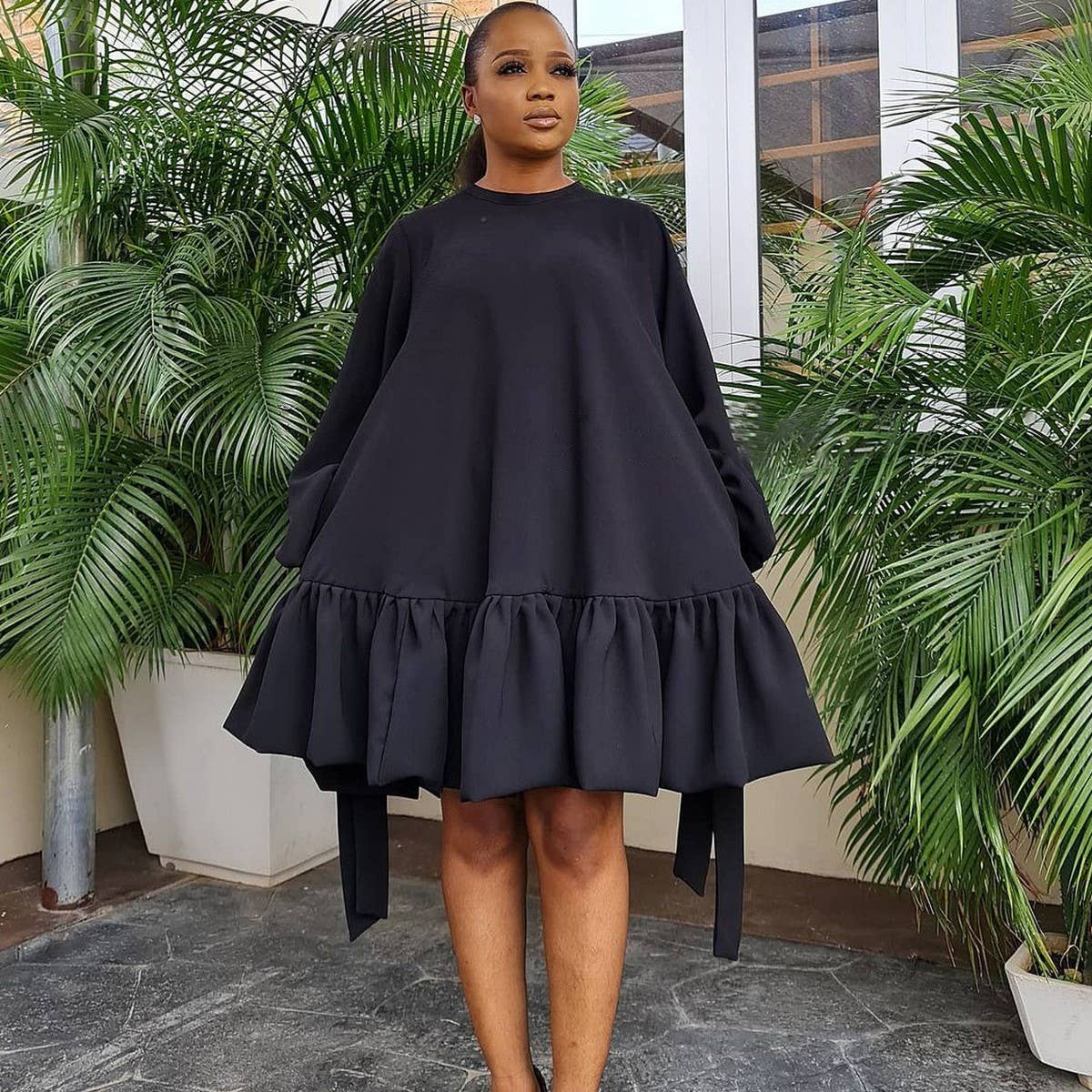 LOOSE SOLID COLOR PUFF SLEEVES PLUS SIZE DRESS_CWDSD6085