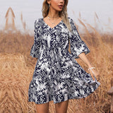 V-Neck French Print Short-Sleeved Dress