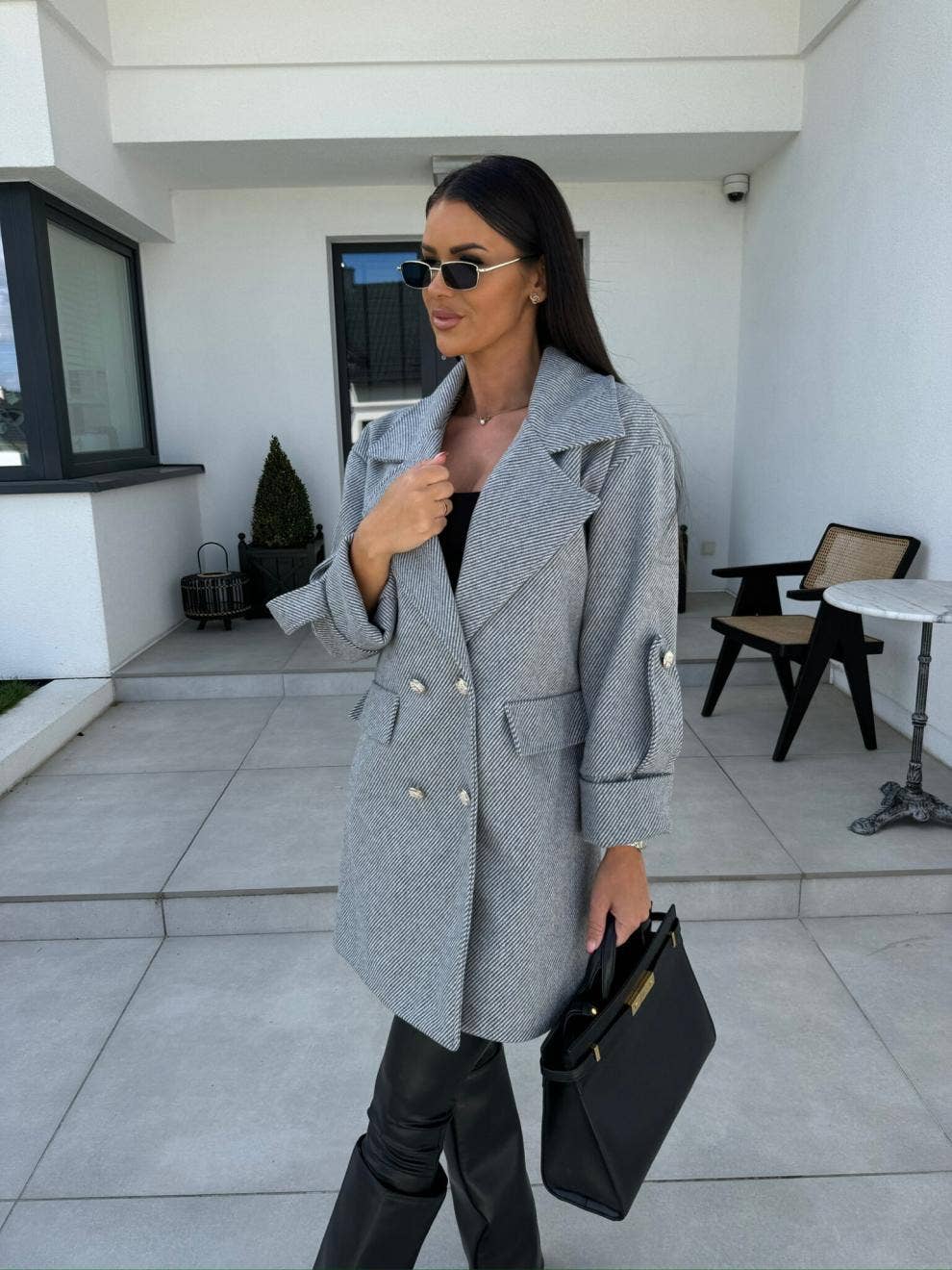 Solid-Color H-Shaped Suit Collar Long Jacket