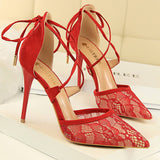 POINTED MESH LACE CROSS STRAP PUMPS_CWSHH0081