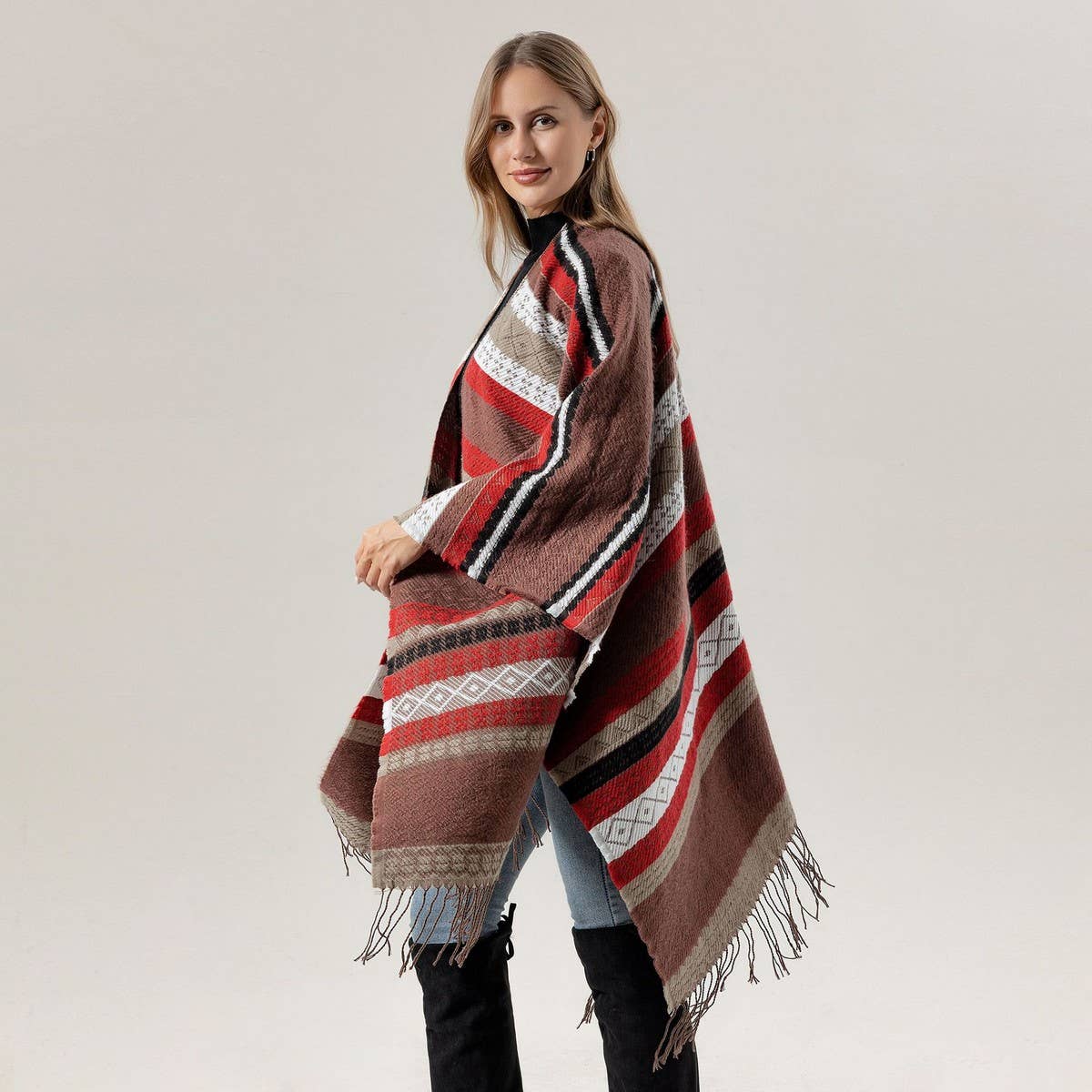FAUX CASHMERE TASSEL SHAWL BLANKET SLIT CAPE_CWASC2264