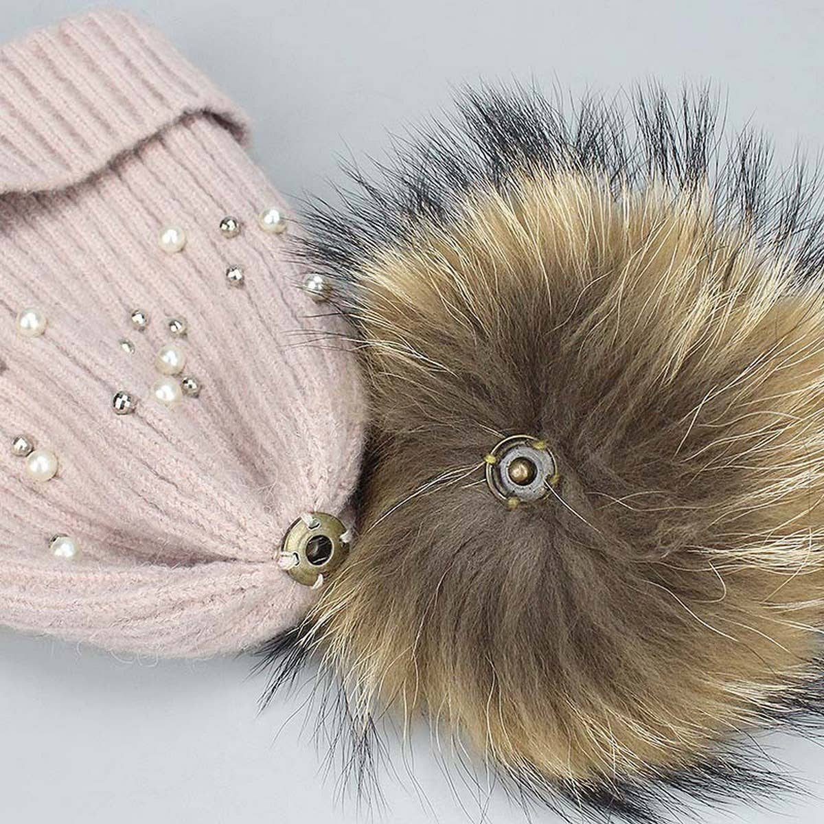 Women¡¯S Knit Beanie With Pearl & Fur Pom_Cwah04987