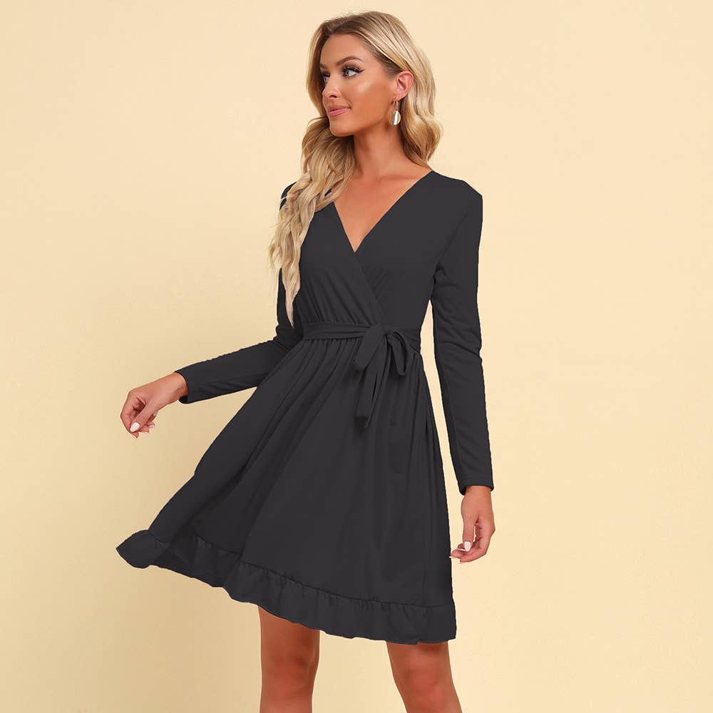 Solid Color V-Neck Lace-Up Long-Sleeved Dress