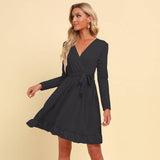 Solid Color V-Neck Lace-Up Long-Sleeved Dress