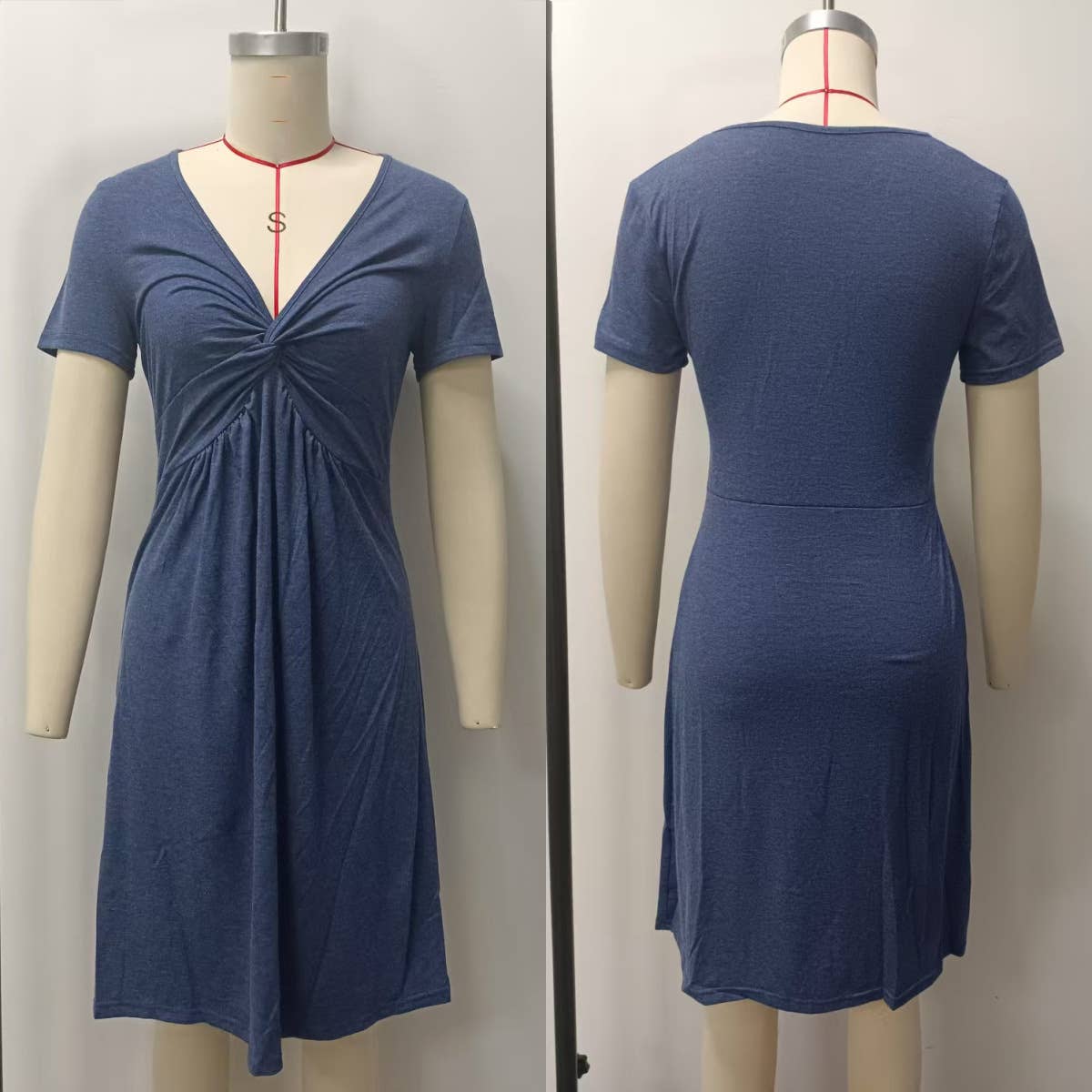 Twisted Pleated Chest Cinched Waist V-Neck Dress