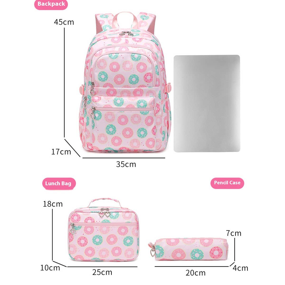 BACKPACKS FOR SCHOOL DONUT 3 PIECE SET GIRLS_CWAB5458