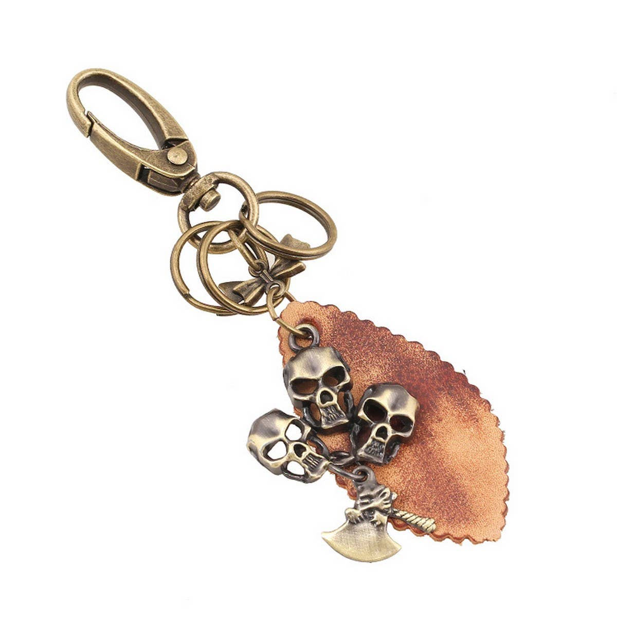 Vintage Punk Bronze Skull Leather Keychain_Cwmm5029