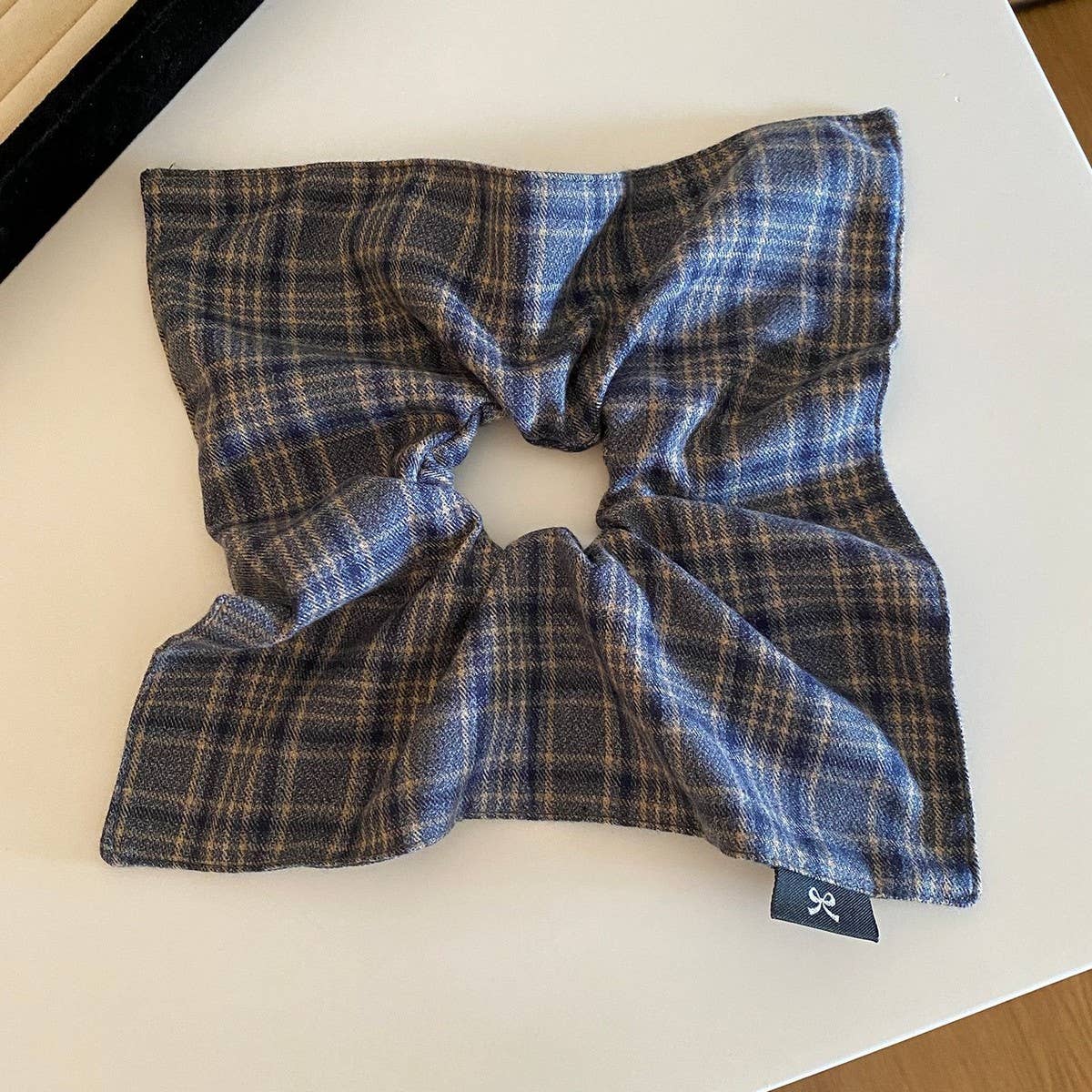 Blue Plaid Scrunchie Soft Gentle Fabric Tie_Cwaha08189