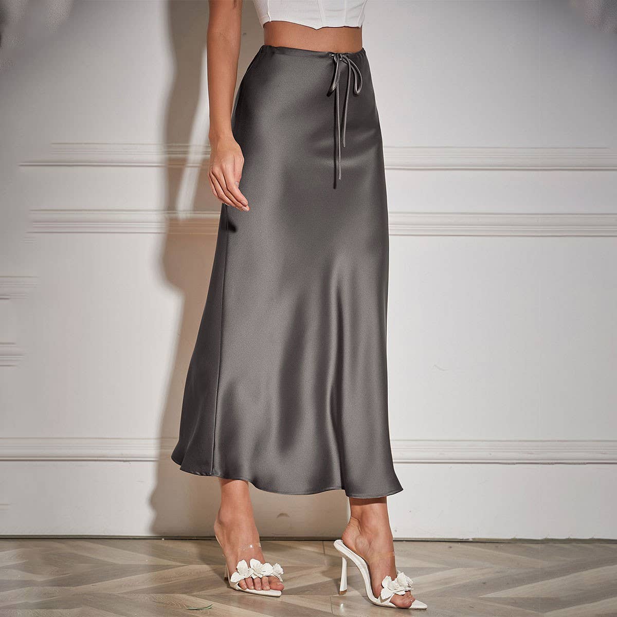 SATIN LONG SKIRT HIGH WAIST DRAWSTRING SKIRT_CWAB4792