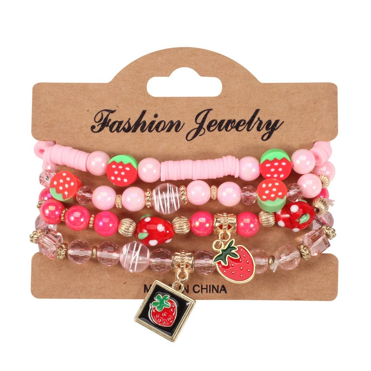 Cwmm10452_Cute Strawberry Fruit Charm Beaded Bracelet Set