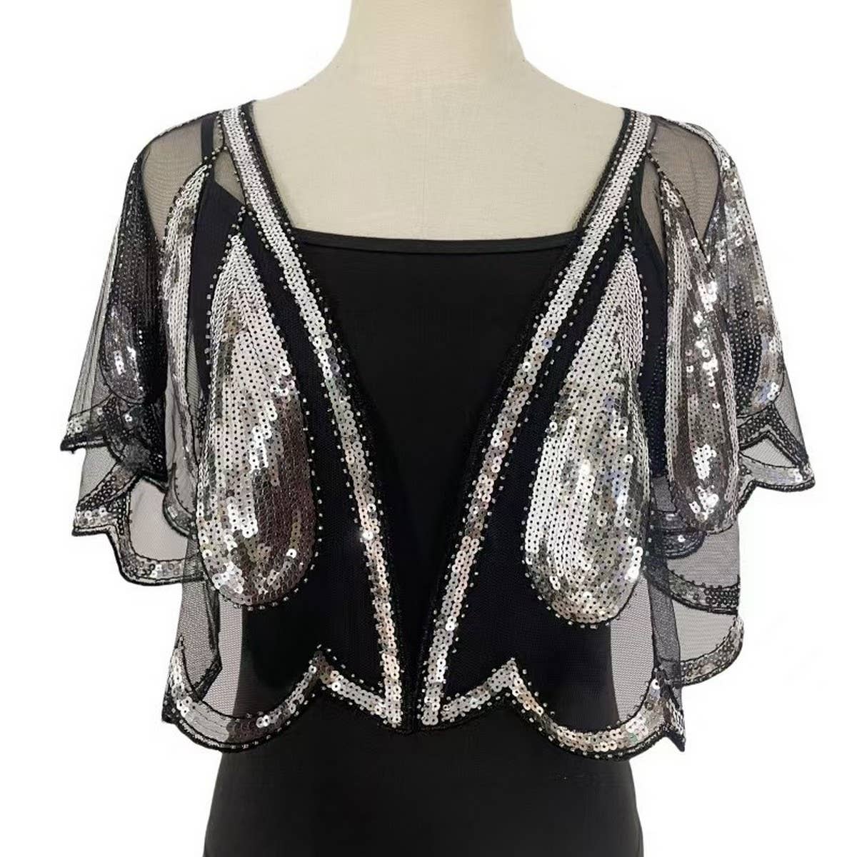 BEADED SEQUIN CAPELET VINTAGE EVENING SHAWL_CWMM8962