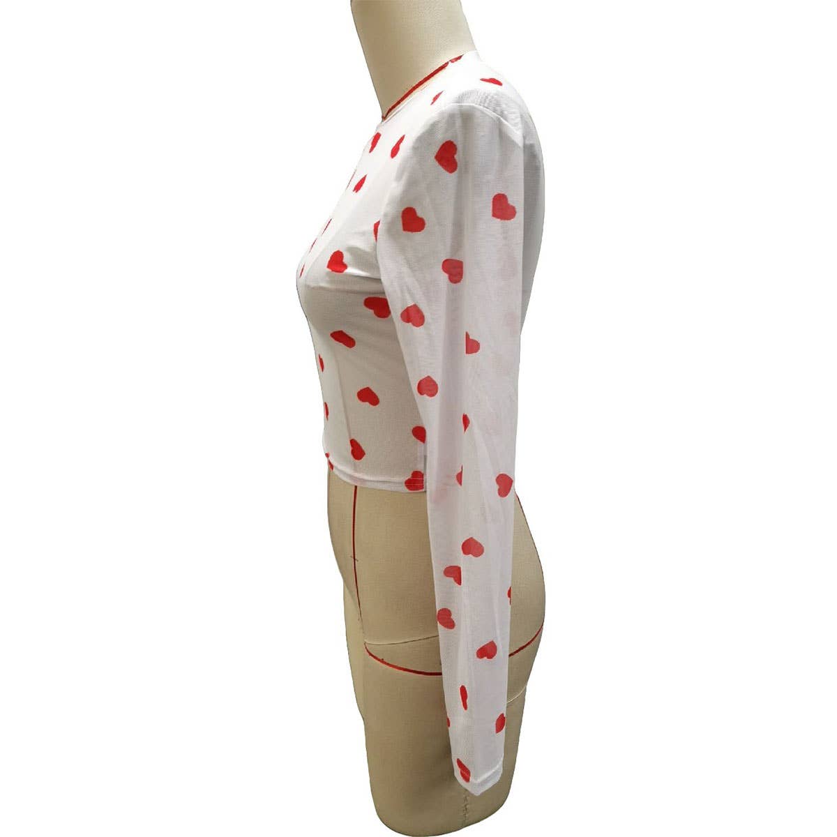 CUTE HEART PRINT MESH ROUND NECK LONG SLEEVE TOP_CWTBLL3426