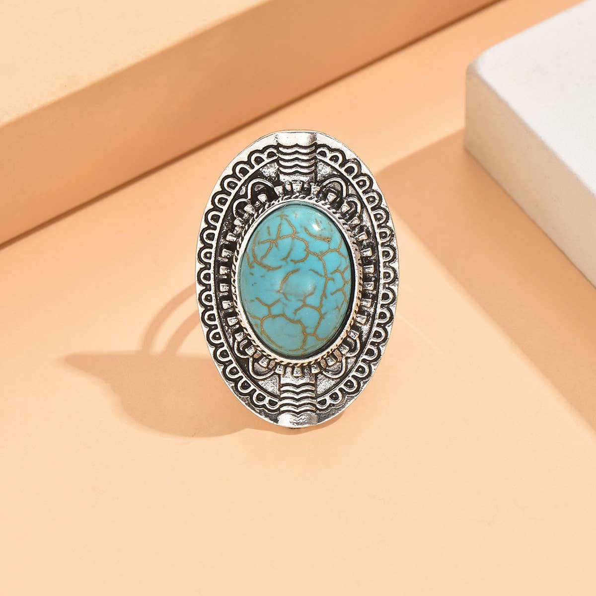 Ethnic Style Turquoise Ring With Carved Open Ring