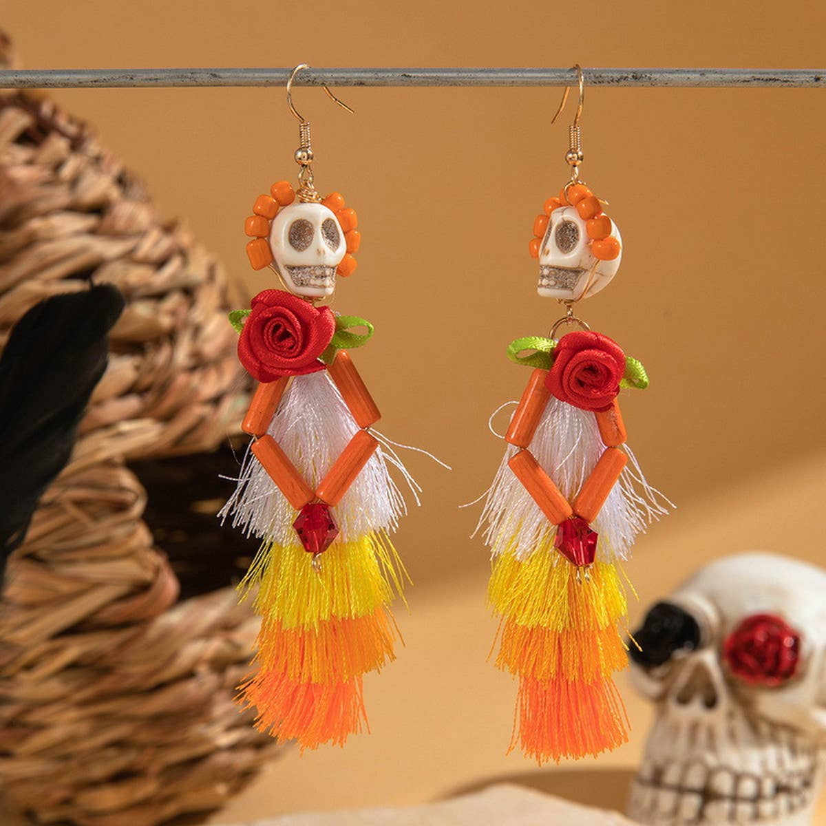 HALLOWEEN SKULL TASSEL RICE BEAD EARRINGS_CWAJE2411
