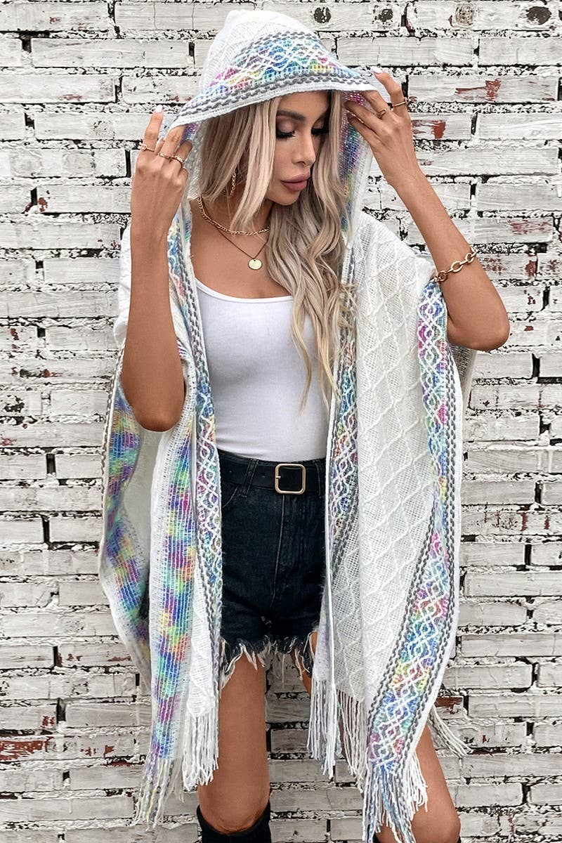 Cwocas0048_Ethnic Knitted Hooded Tassel Cape Shawl