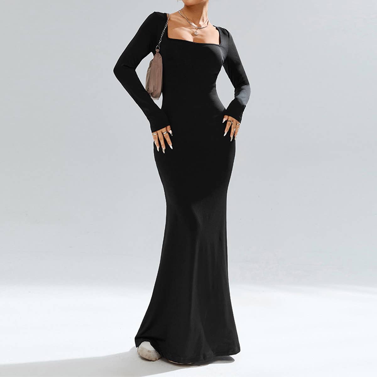 Square Neck Solid Color Knit Skirt With Hip Wrap