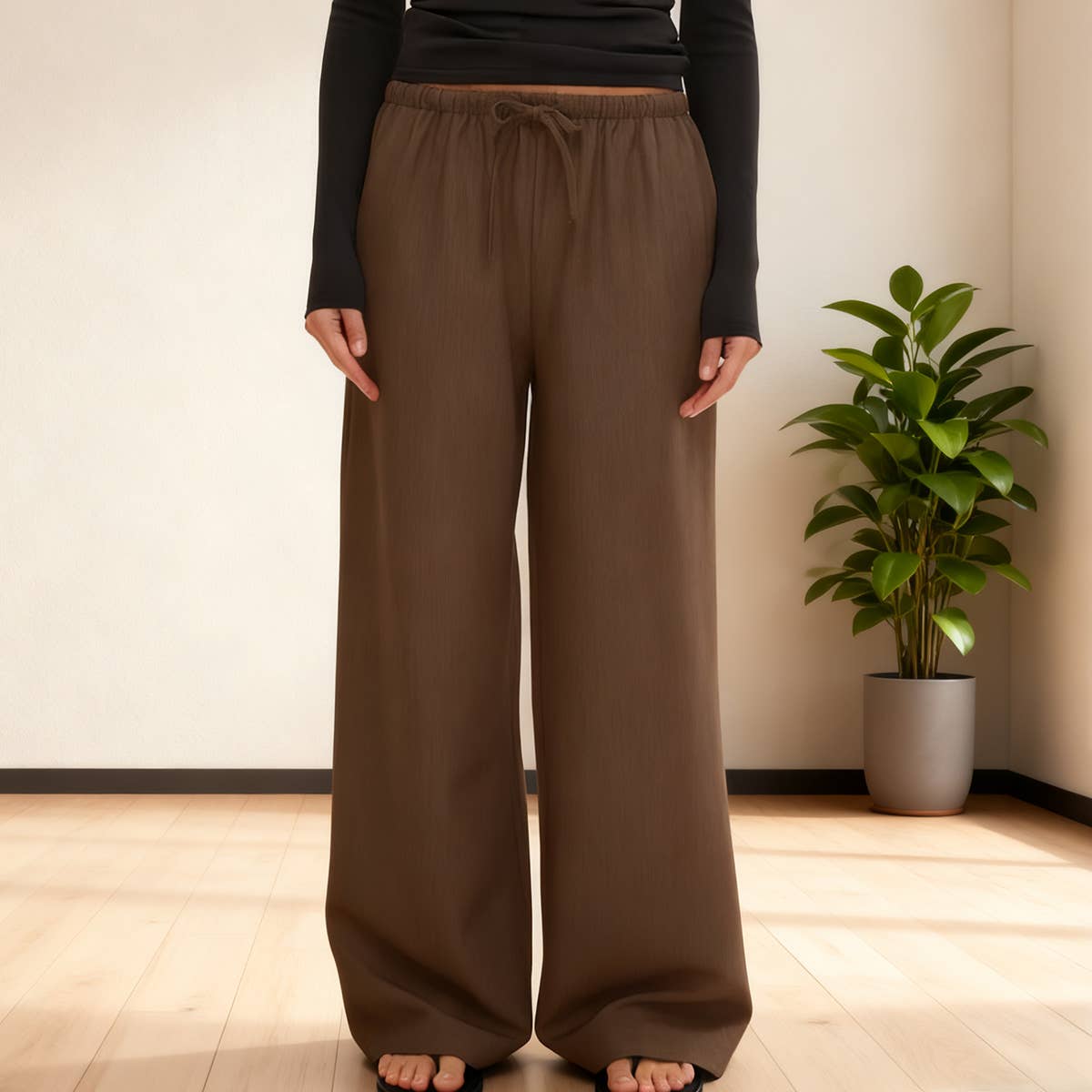 Stretched-Waist Drawstring Straight-Leg Trousers