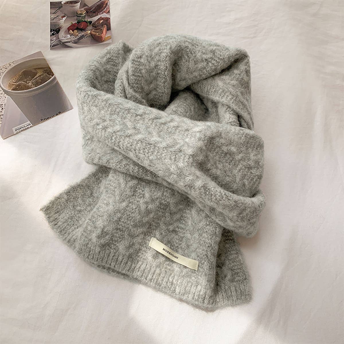 Avocado Green Wool Cable Knit Winter Scarf_Cwasc03813