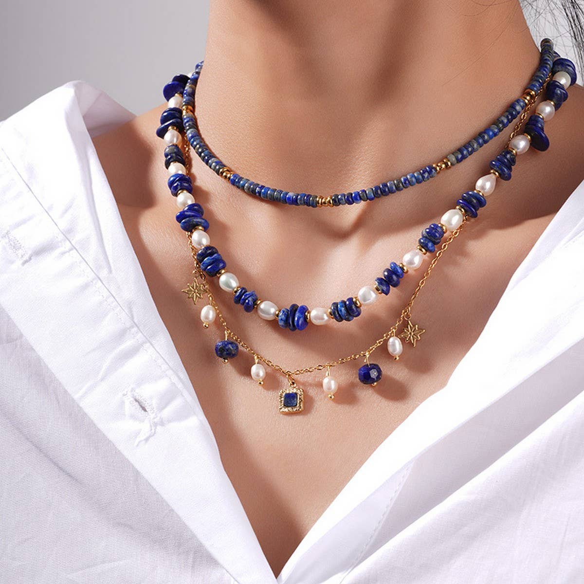Unique Natural Stone Pearl Necklace Set With Lapis_Cwmm7546
